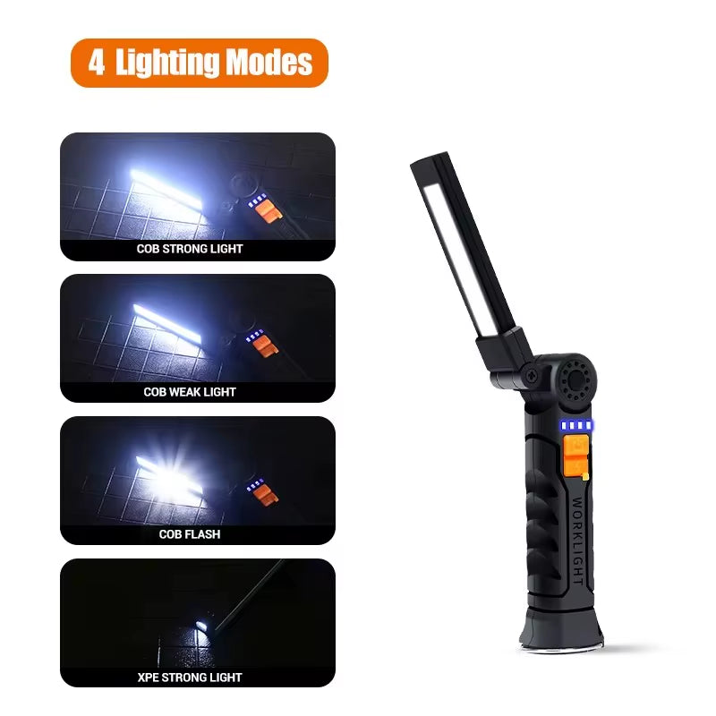 Folding COB XPE LED Work Light Handheld Flashlight with Built-In Battery Lamp Torch Emergency Car Inspection Lamp Red SOS Strobe